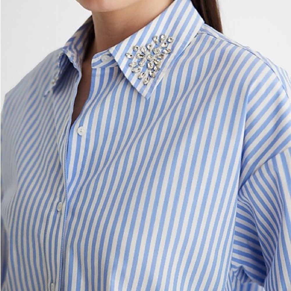 EXPRESS - Poplin Embellished Collar Striped Boyfriend Portofino Shirt